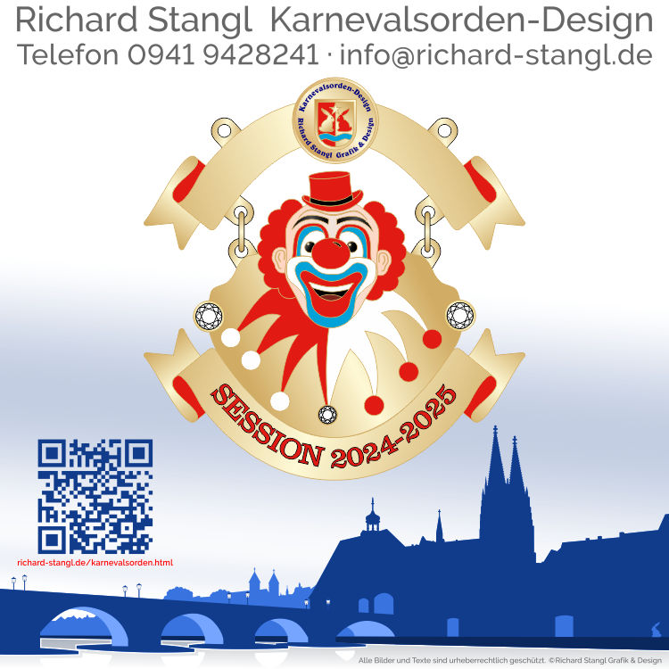Faschingsorden zweiteilig Clown hängend Gold Individueller Faschingsorden zweiteilig Clown haengend Gold