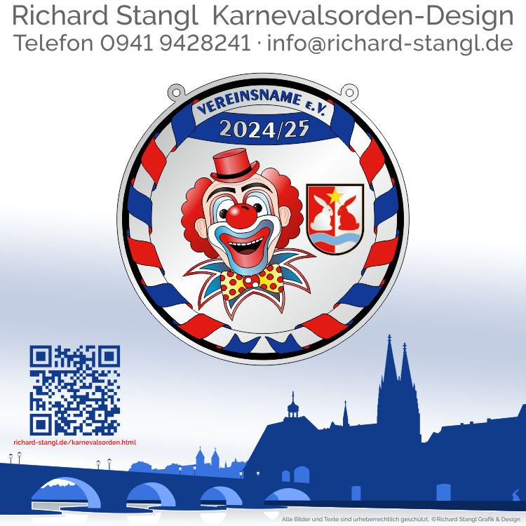 Karnevalsorden Clown Silber rund Individuelle Karnevalsorden Clown Silber rund